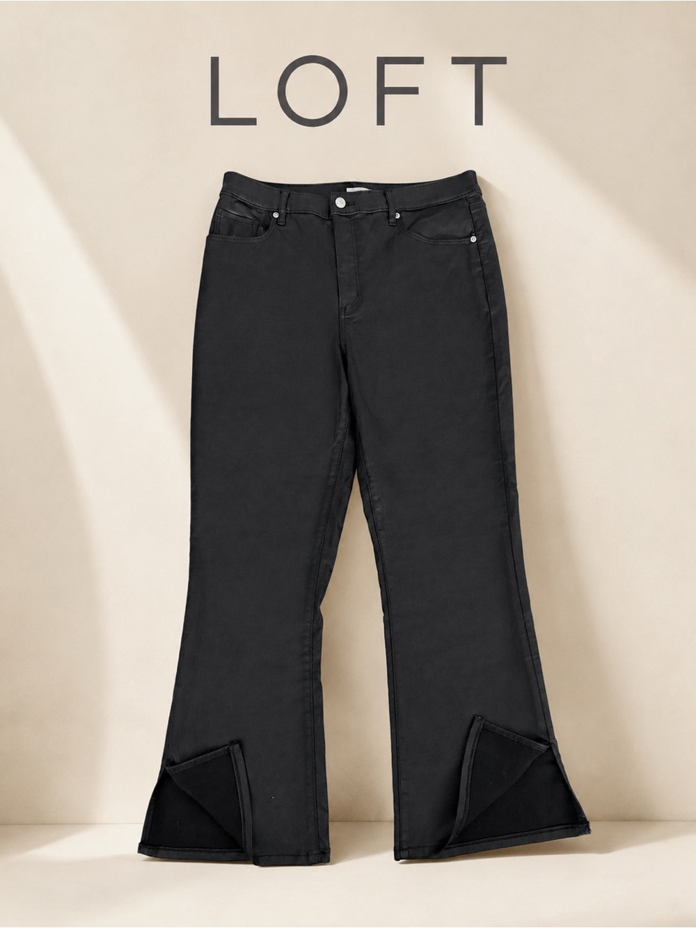 LOFT Black Faux Leather The Kick Crop Coated Pants Split Hem Size 12 / 31